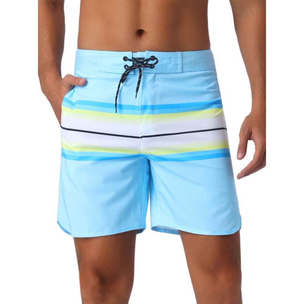 Color Block Drawstring Waist Pool Beach Striped Swimming Shorts Light Blue